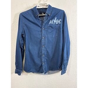 Cedar Wood State Mens AC/DC Denim Button Down Shirt Blue Long Sleeve Small Rock